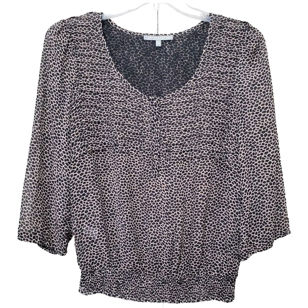 Daniel Rainn Brown Leopard Print Sheer Smocked Waist Blouse Size PL